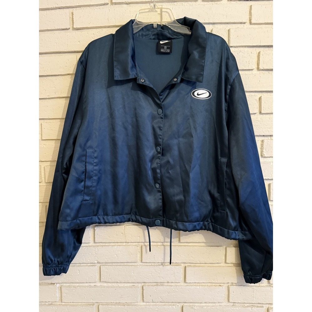 Nike Womens Blue Satin Logo Snap-Up Jacket Size 2X Back Embroidered Logo